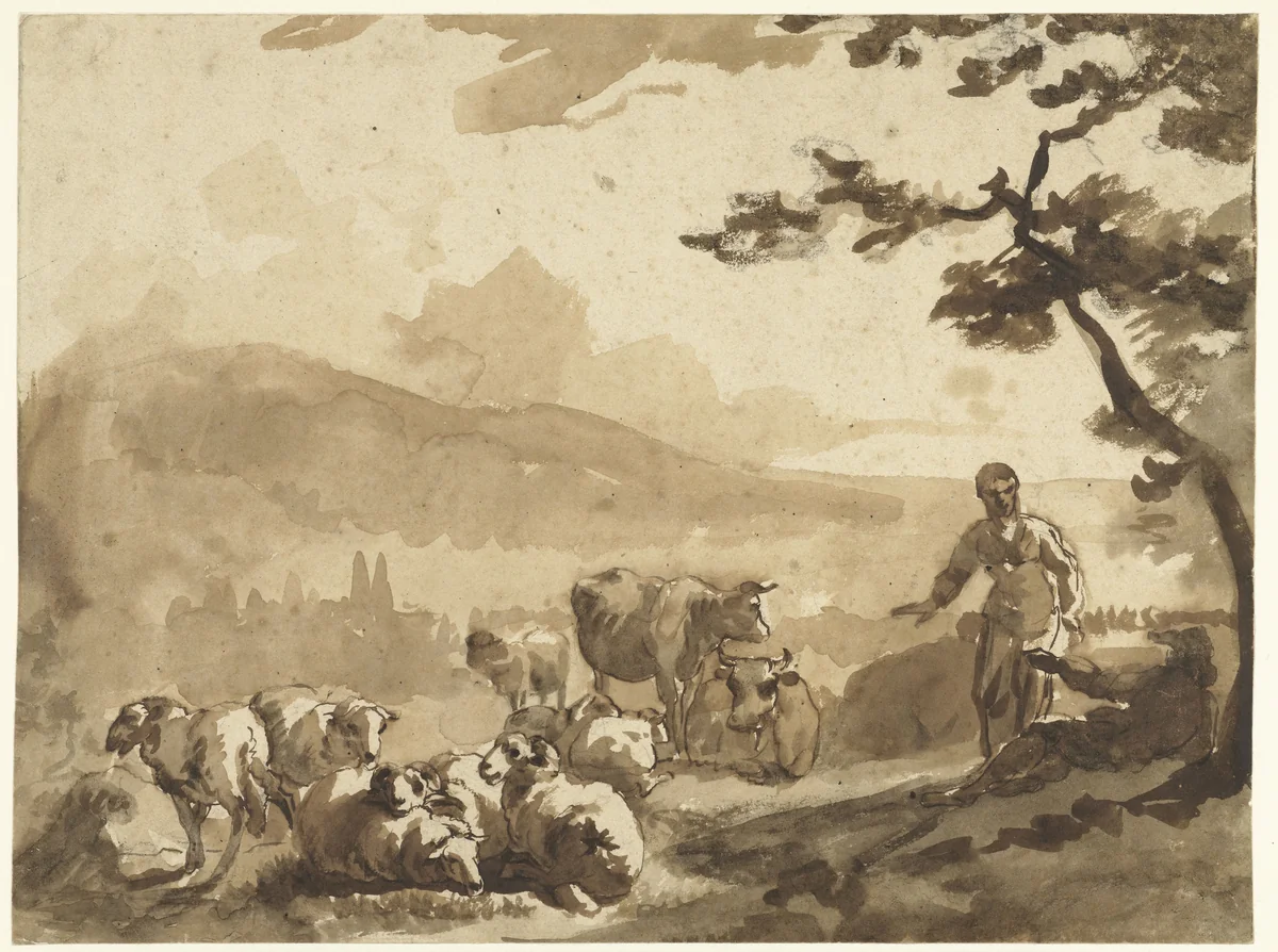 Berglandschap met herders bij hun kudde schapen en koeien by Karel du Jardin, drawing, 1632-1678