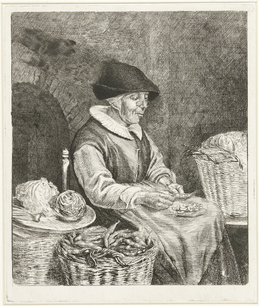 Oude vrouw bij het boontjes doppen by Louis Bernard Coclers, print, 1780