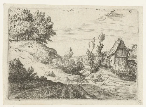 Huis naast een heuveltop begroeid met bomen by Lodewijk de Vadder, print, 1615-1655
