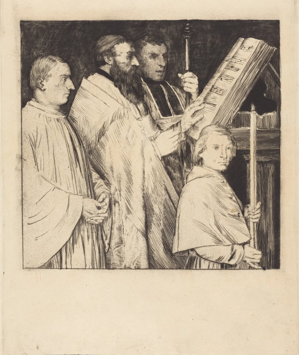 Choristers, 1st plate (Le lutrin) by Alphonse Legros, print, 1837-1911