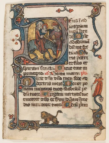 Leaf from a Book of Hours: Initial D: Flight into Egypt (2 of 2 Excised Leaves) by Unknown, manuscript, 1301-1325