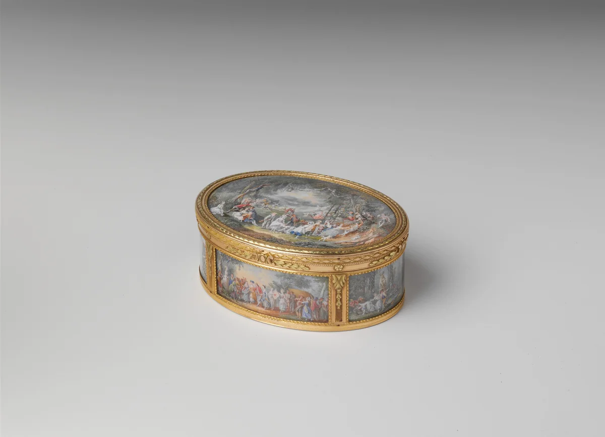Snuffbox with six scenes of country pastimes by Pierre François Drais, metalwork, 1774-1775