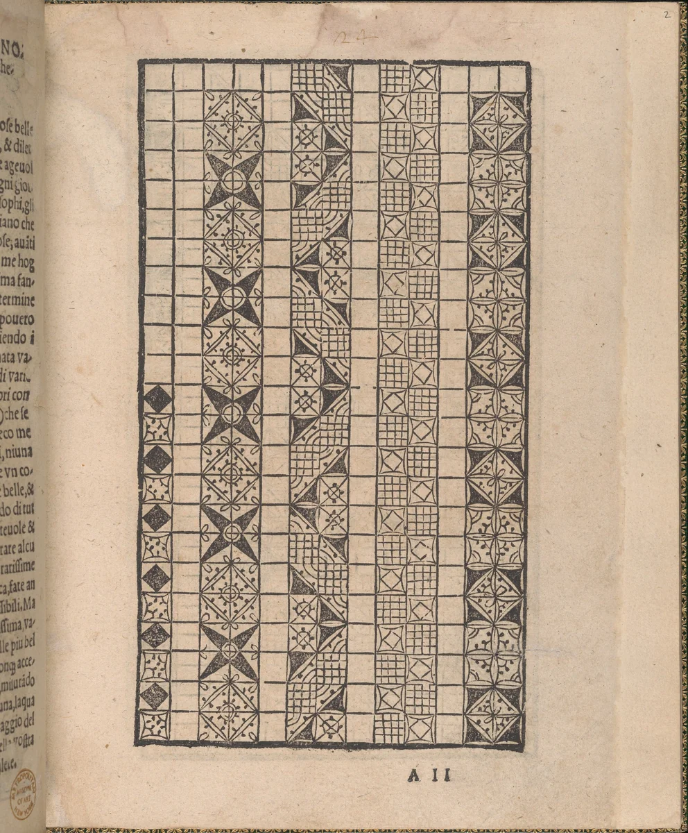 Ornamento delle belle & virtuose donne, page 2 (recto) by Matteo Pagano, book, 1554
