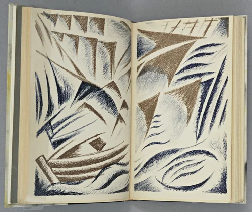 Double page plate (between pages 38 and 39) from Vertogradari Nad Lozami (Gardeners over the Vines) by Natalia Goncharova, illustrated book, 1913