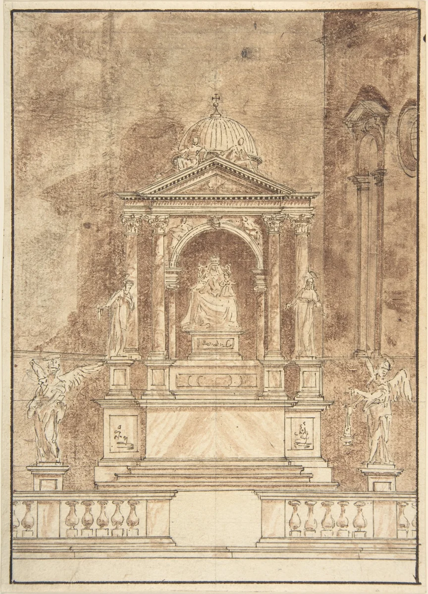 Design for an Altar: Virgin and Child Flanked by Saints, Two Angels in the Left and Right Foreground by anonymous, drawing, 1600-1800