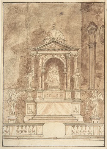 Design for an Altar: Virgin and Child Flanked by Saints, Two Angels in the Left and Right Foreground by anonymous, drawing, 1600-1800