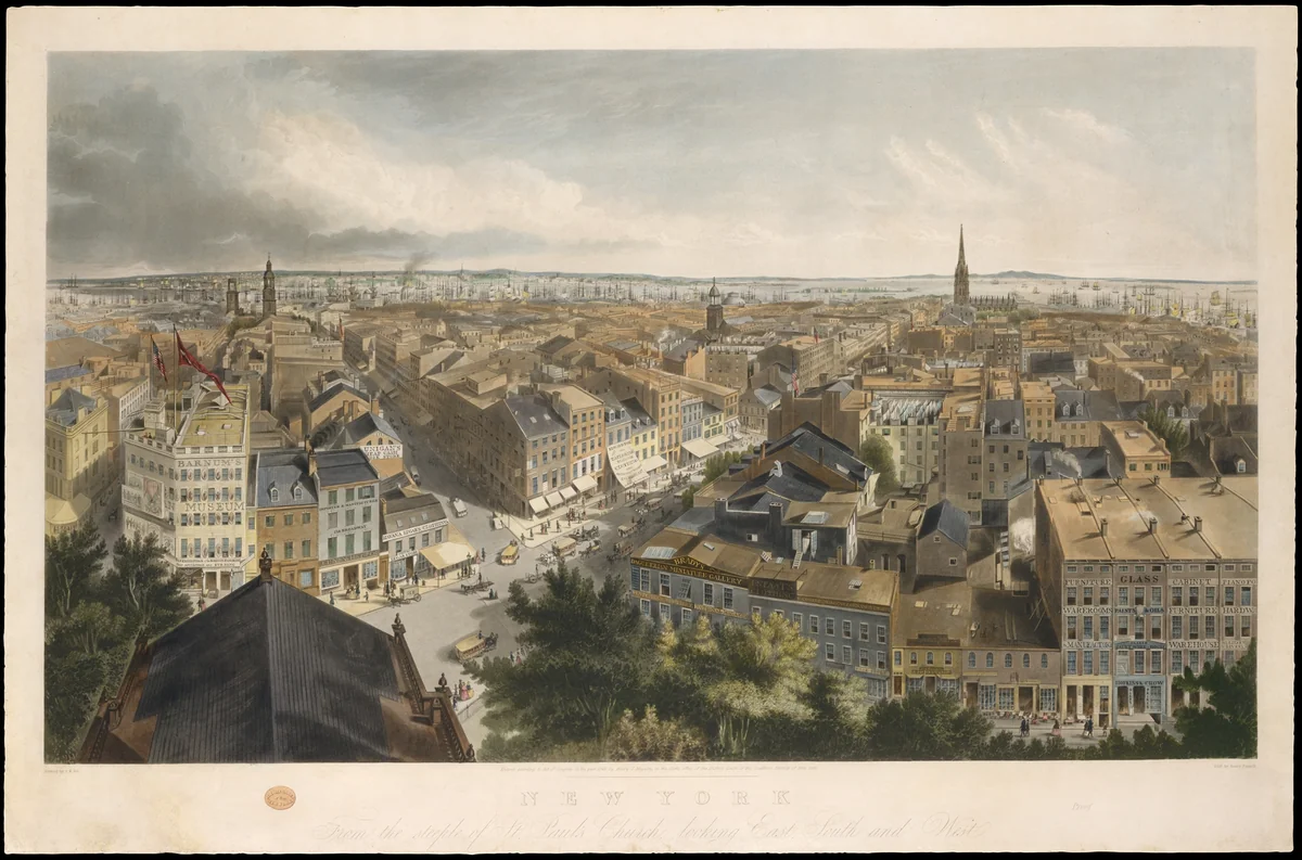 New York from the Steeple of St. Paul's Church, Looking East, South, and West by Henry A. Papprill, print, 1849