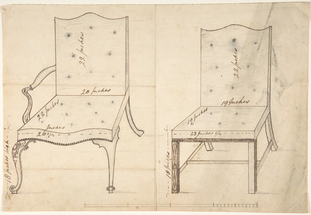 Designs for an Armchair and Side Chair by anonymous, drawing, 1700-1800
