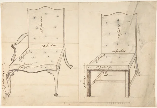 Designs for an Armchair and Side Chair by anonymous, drawing, 1700-1800