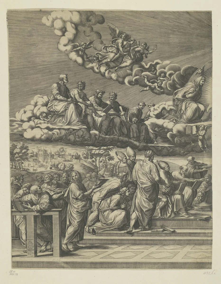 Dispuut over het Heilige Sacrament (linker deel) by Giorgio Ghisi, print, 1552