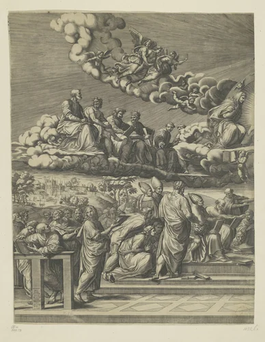 Dispuut over het Heilige Sacrament (linker deel) by Giorgio Ghisi, print, 1552
