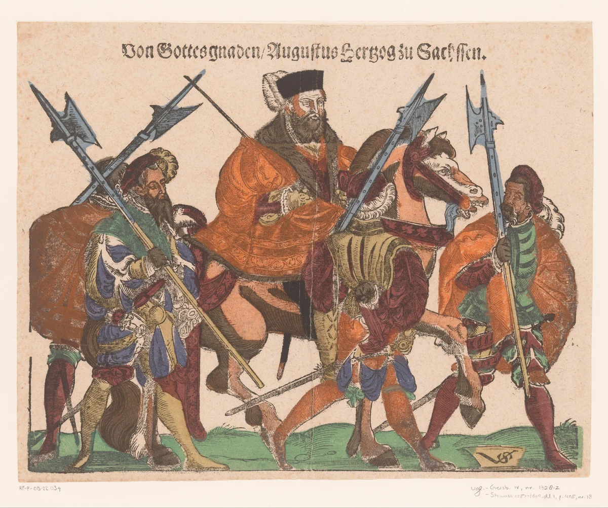 Ruiterportret van Augustus, keurvorst van Saksen by Unknown, print, 1555-1562