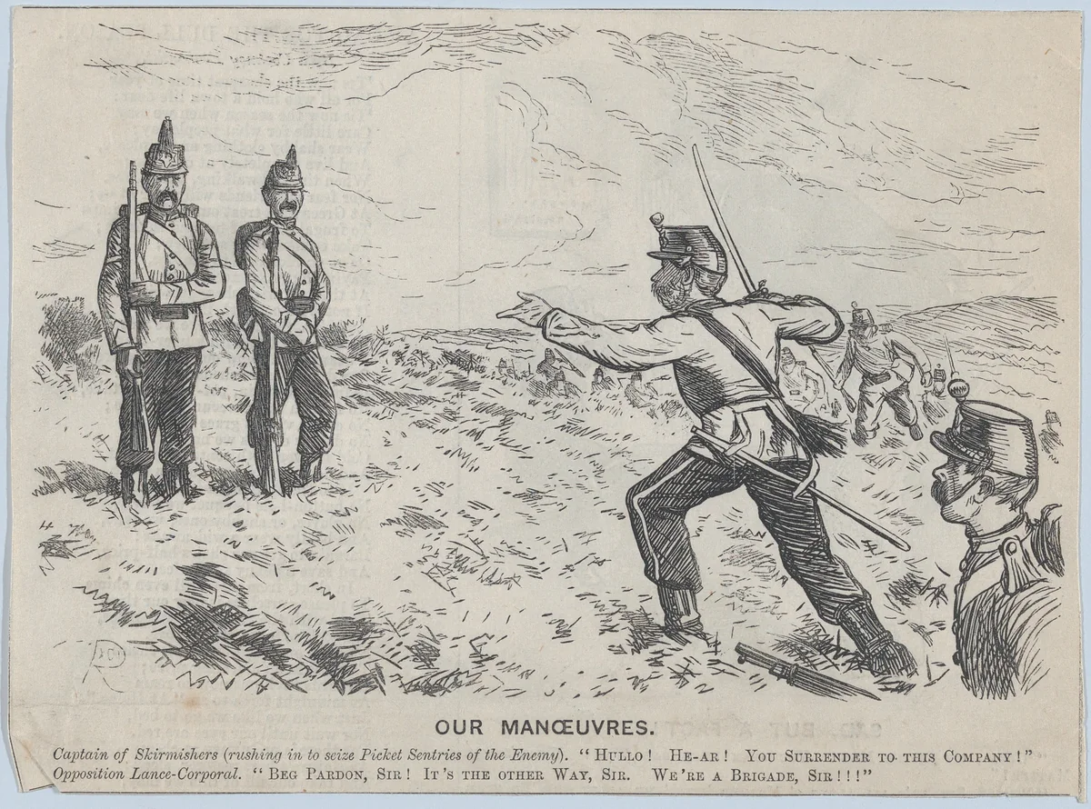 Our Manoeuvres – Captain of Skirmishers Addresses a Lance-Corporal (recto); Sad, But a Fact! (verso) by anonymous, print, 1873