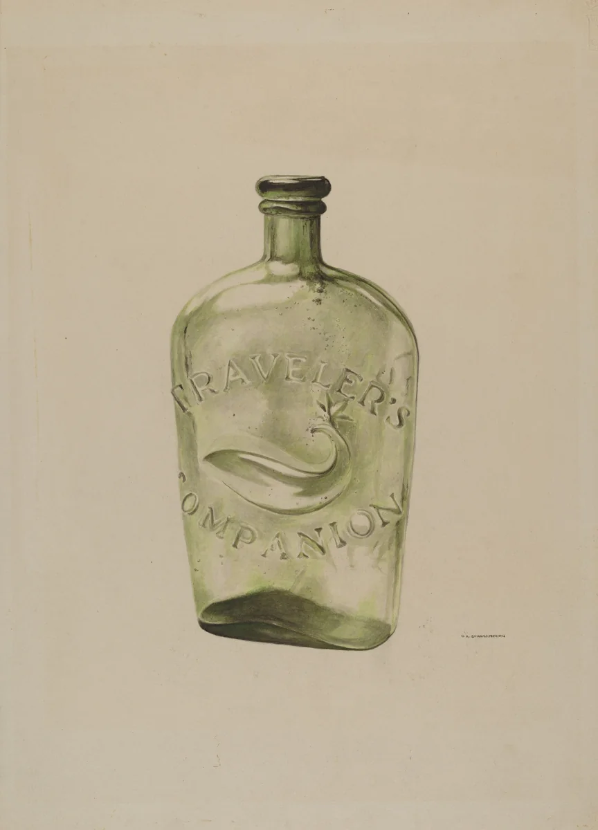 Glass Whiskey Flask by G.A. Spangenberg, index of american design, 1939