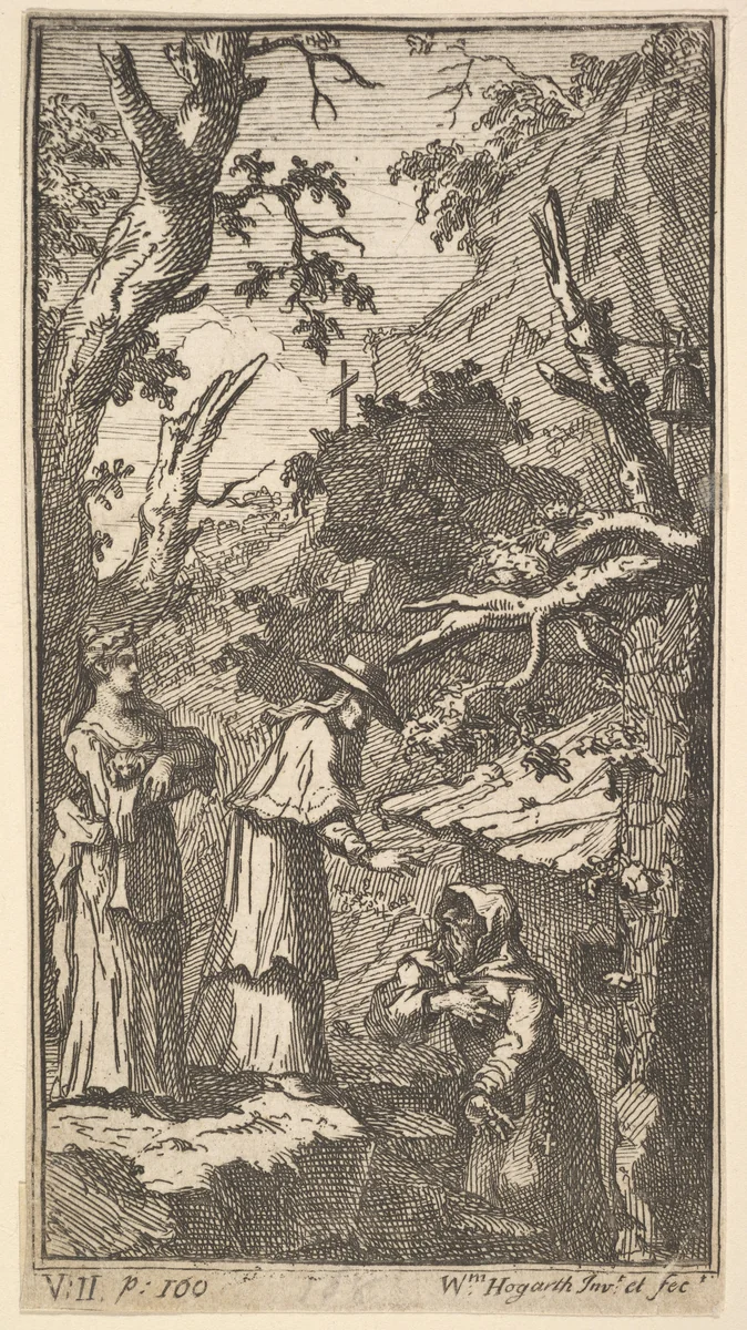 The New Metamorphosis, Plate 7: The Cardinal, a Hermit and Donna Angela Holding Fantasio by William Hogarth, print, 1723-1724