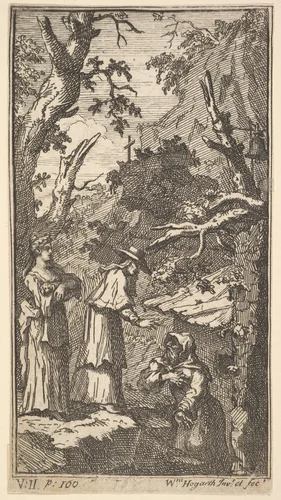 The New Metamorphosis, Plate 7: The Cardinal, a Hermit and Donna Angela Holding Fantasio by William Hogarth, print, 1723-1724