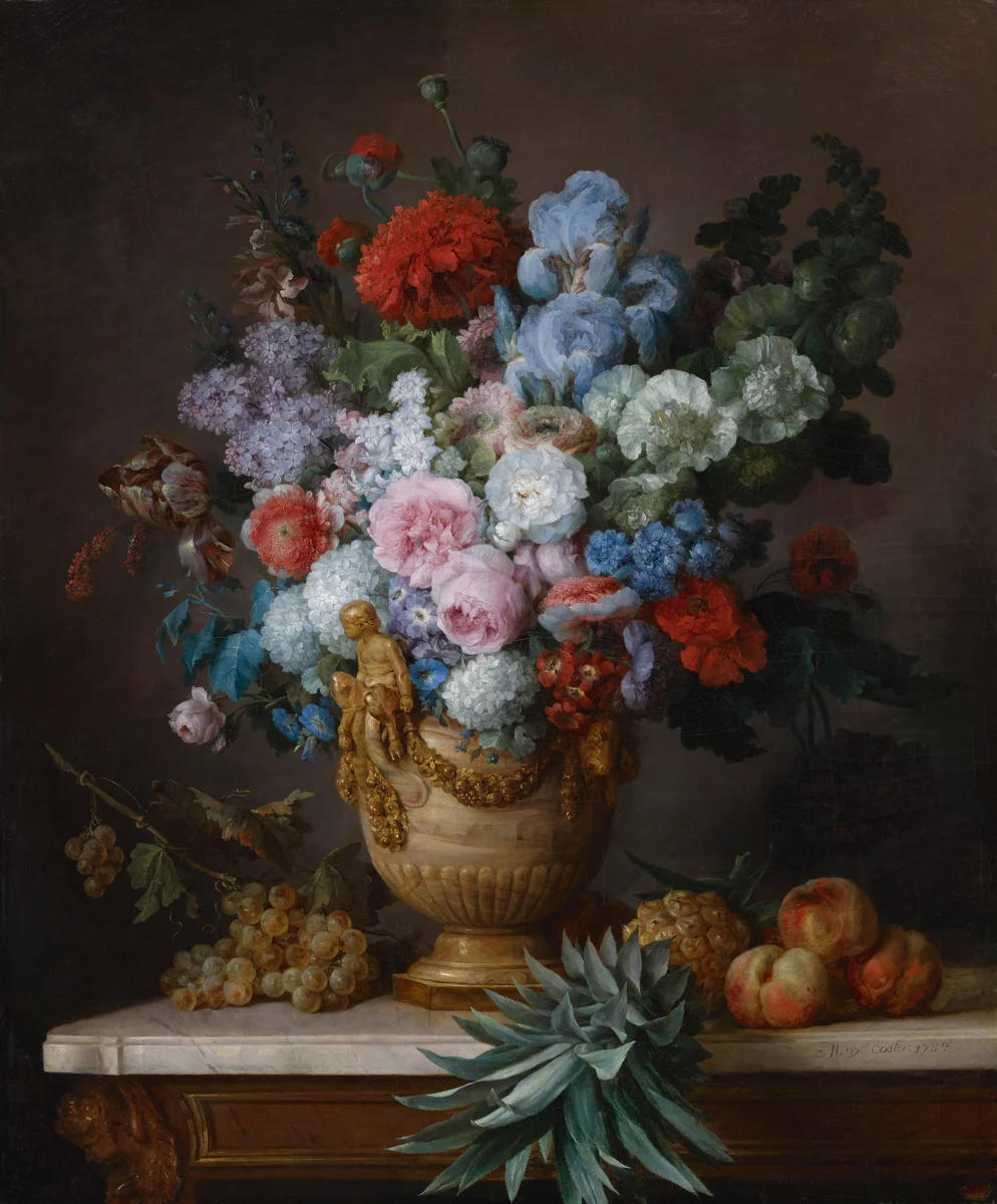 Still Life with Flowers in an Alabaster Vase and Fruit by Anne Vallayer-Coster, painting, 1783