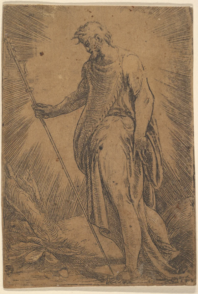 An apostle holding a staff facing left by Andrea Schiavone, print, 1535-1545