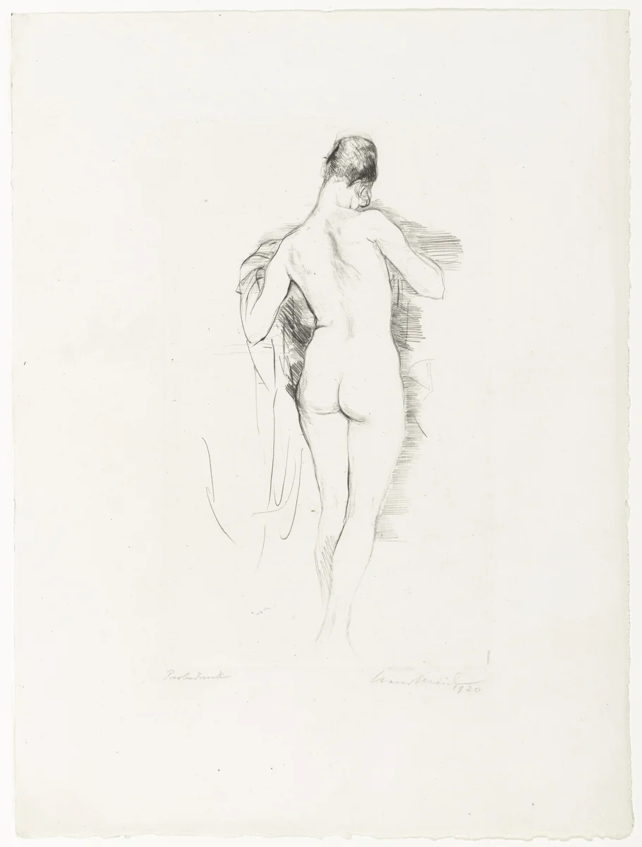 Seated Female Nude from Behind (Sitzender weiblicher Rückenakt) by Hans Meid, print, 1920