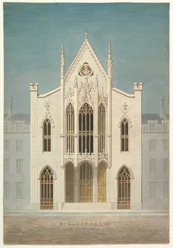 Study for a Library (front elevation) by Alexander Jackson Davis, drawing, 1838