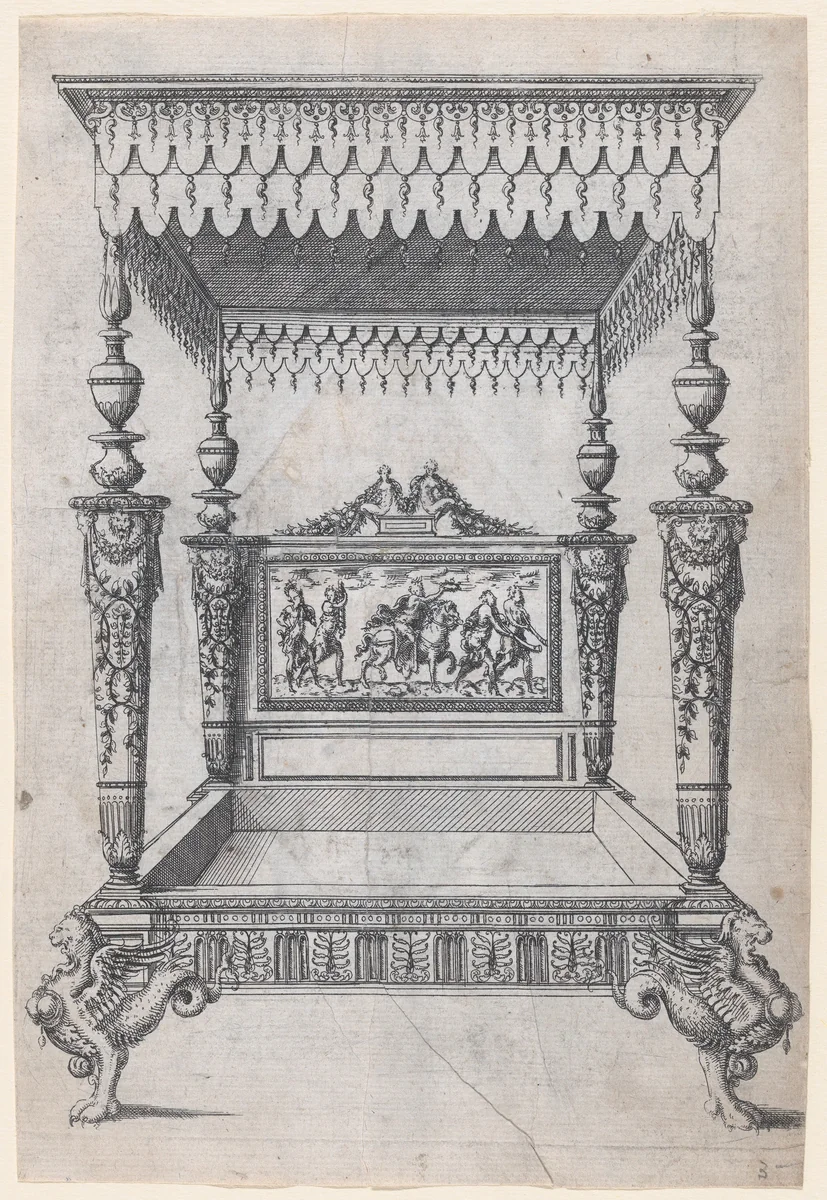 Design for a Four Poster Bed by Jacques Androuet du Cerceau, print, 1565-1570