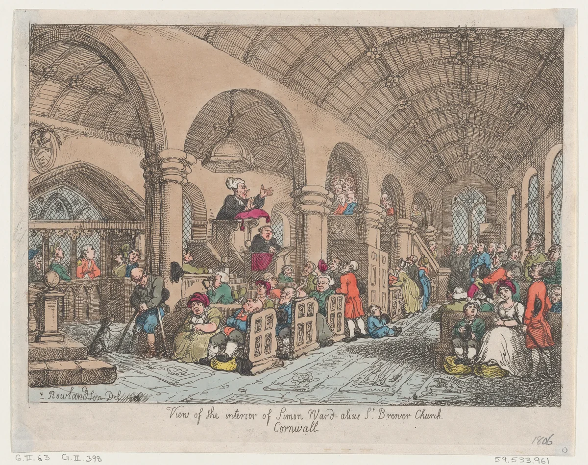 View of the Interior of Simon Ward Alias St Brewer Church Cornwall by Thomas Rowlandson, print, 1806