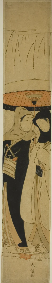 Lovers under an Umbrella in the Snow by Suzuki Harunobu (鈴木春信), print, 1762-1770