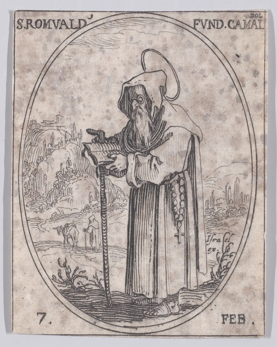 S. Romuald, Fondateur des Camaldules (St. Romuald, Founder of the Camaldolese Order), February 7th, from "Les Images De Tous Les Saincts et Saintes de L'Année" (Images of All of the Saints and Feast Days of the Year) by Jacques Callot, print, 1636