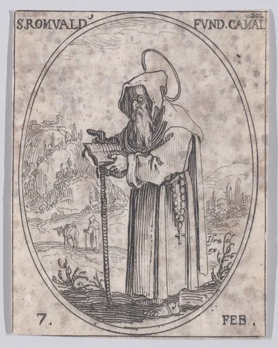 S. Romuald, Fondateur des Camaldules (St. Romuald, Founder of the Camaldolese Order), February 7th, from "Les Images De Tous Les Saincts et Saintes de L'Année" (Images of All of the Saints and Feast Days of the Year) by Jacques Callot, print, 1636