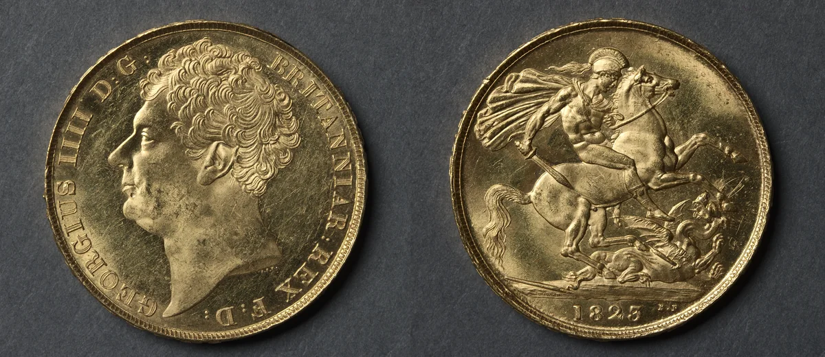Two Pound Piece: George IV (obverse); St. George and the Dragon (reverse) by Benedetto Pistrucci, metalwork, 1823