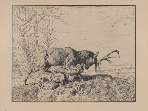 Stag Fighting a Wolf, after Antoine Louis Barye by Charles Jacque, print, 1846
