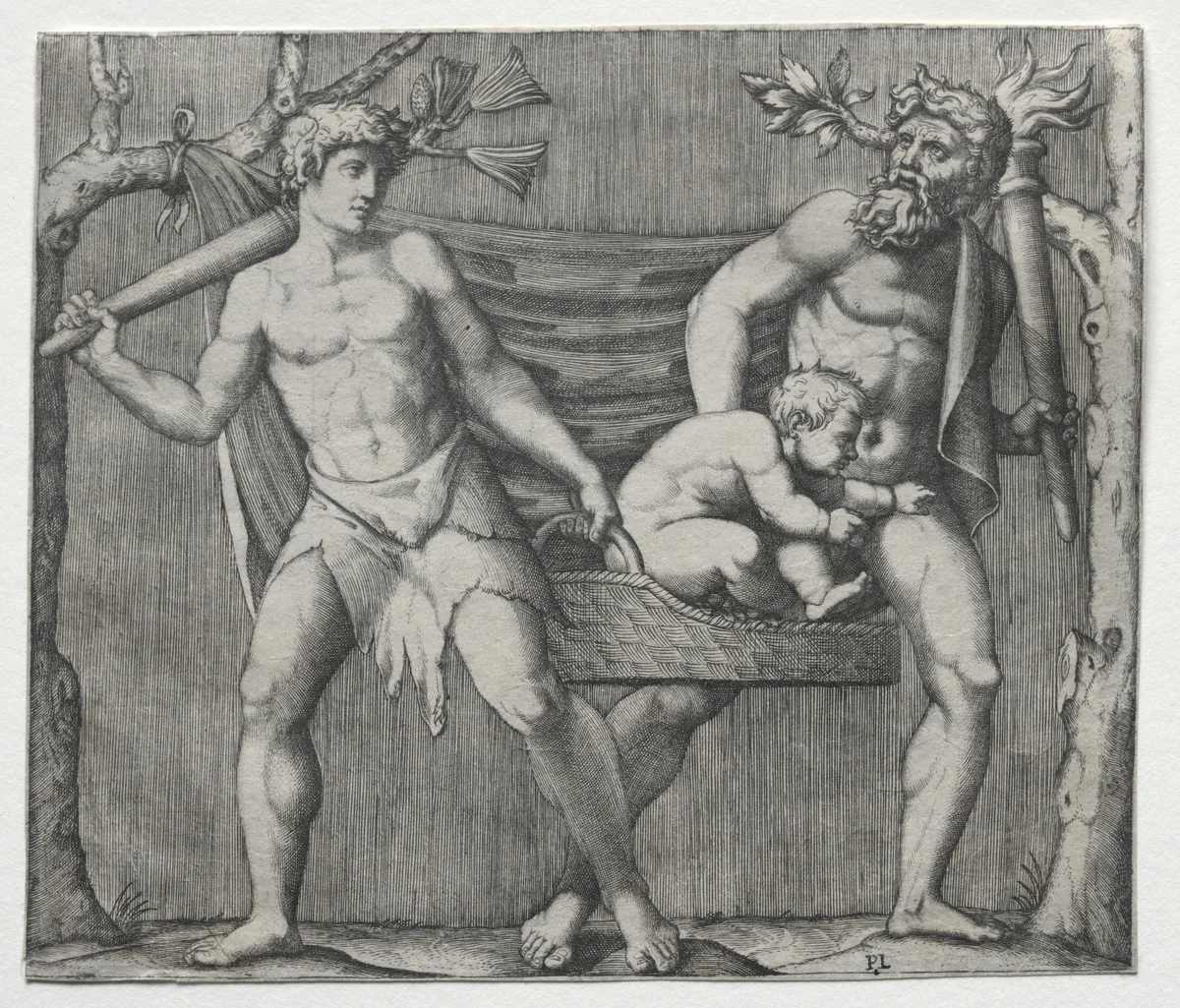 Two Fauns Carrying a Child in a Basket by Marcantonio Raimondi, print, 1508-1520