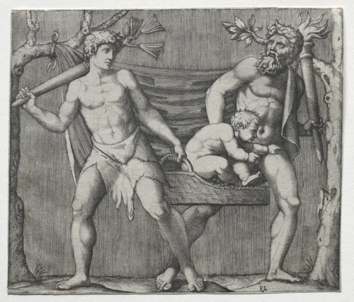 Two Fauns Carrying a Child in a Basket by Marcantonio Raimondi, print, 1508-1520