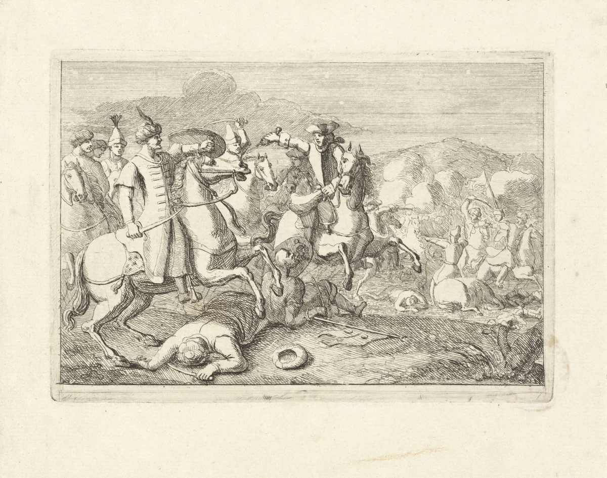 Cavaleriegevecht met Oosterse ruiters by Johannes Verhoek, print, 1700-1800