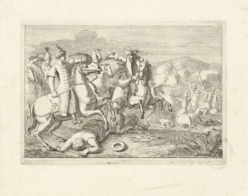 Cavaleriegevecht met Oosterse ruiters by Johannes Verhoek, print, 1700-1800