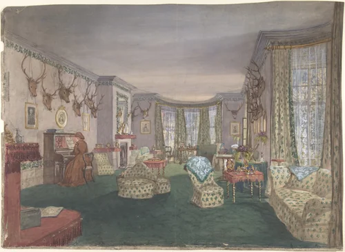 Drawing Room at Mar Lodge, Parish of Craithe and Braemar, Aberdeenshire by anonymous, drawing, 1855-1865