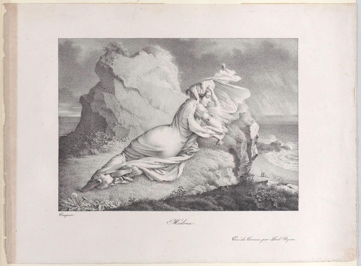 Medora, reclining on a rock overlooking the shore by Marie Philippe Coupin de La Couperie, print, 1820-1823