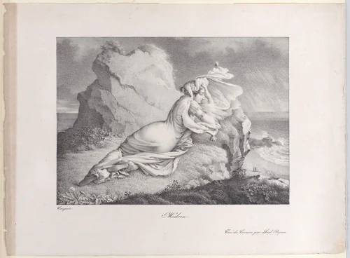 Medora, reclining on a rock overlooking the shore by Marie Philippe Coupin de La Couperie, print, 1820-1823