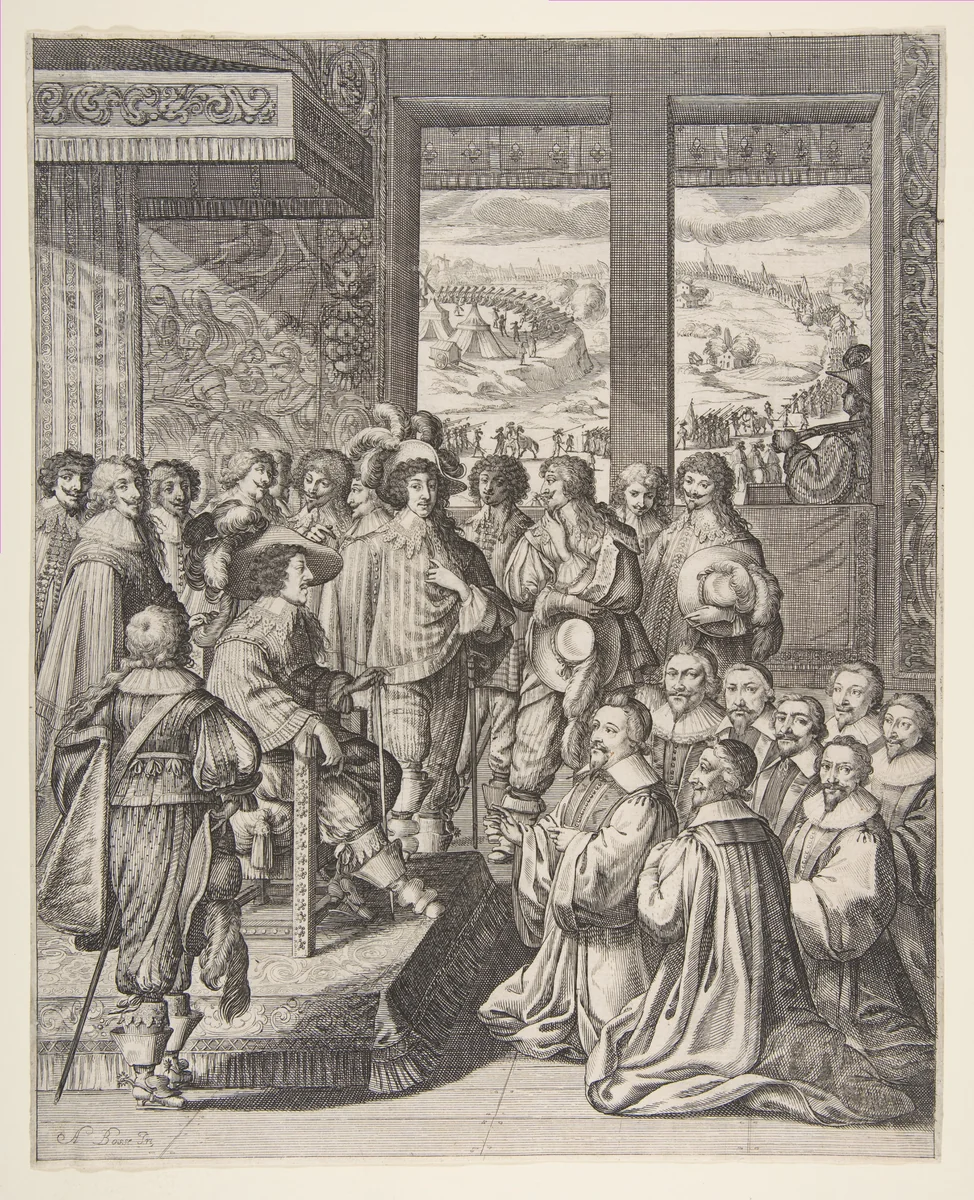 Louis XIII Listens to the Provost of the Merchants of Paris on December 23, 1628 by Abraham Bosse, print, 1629