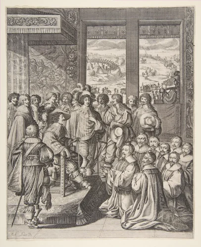 Louis XIII Listens to the Provost of the Merchants of Paris on December 23, 1628 by Abraham Bosse, print, 1629