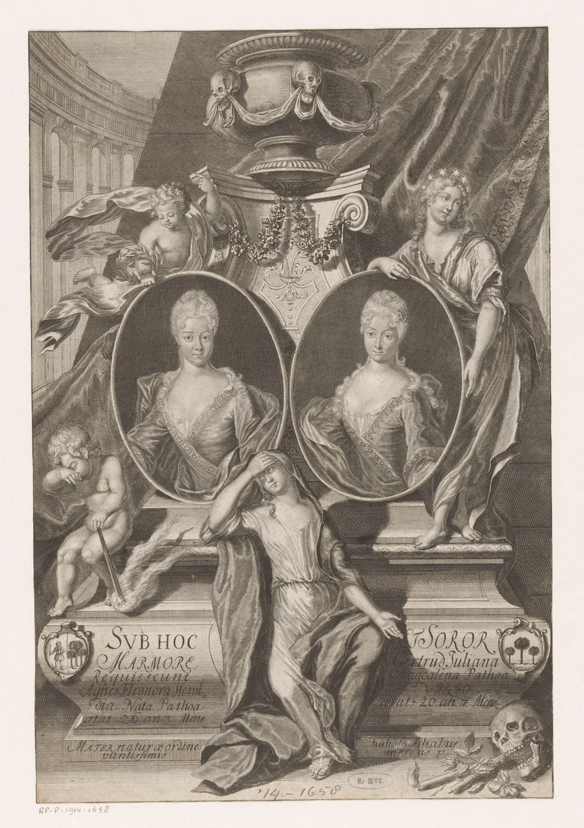 Portretten van Agnes Eleonora Herold en Gertrud Juliana Magdalena Patow by Martin Bernigeroth, print, 1720-1723