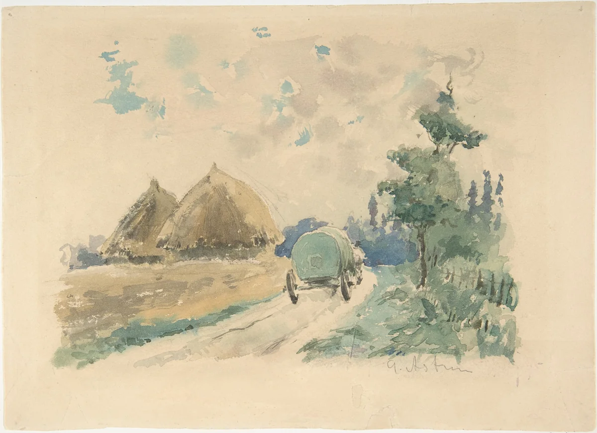 Landscape with Wagon and Haystacks by Zacharie Astruc, drawing, 1864-1875
