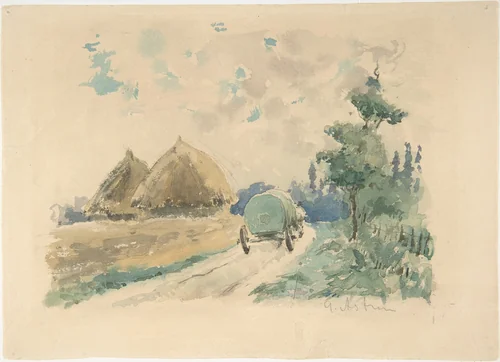 Landscape with Wagon and Haystacks by Zacharie Astruc, drawing, 1864-1875