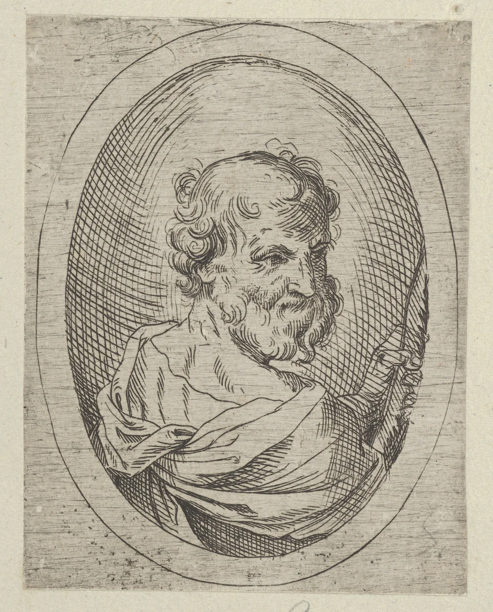 Saint Simon seen from behind, turning to the right and holding a saw, in an oval frame, from "Christ, the Virgin, and Thirteen Apostles" by anonymous, print, 1595-1645