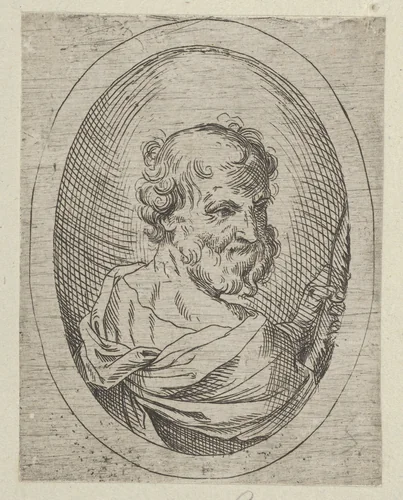 Saint Simon seen from behind, turning to the right and holding a saw, in an oval frame, from "Christ, the Virgin, and Thirteen Apostles" by anonymous, print, 1595-1645