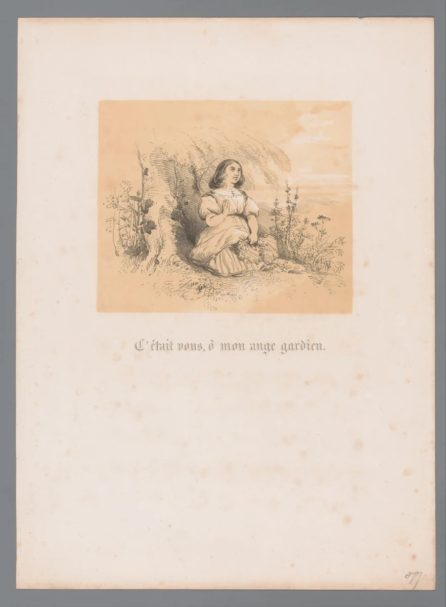 Knielende jonge vrouw met bloemenkrans by Paulus Lauters, print, 1816-1875