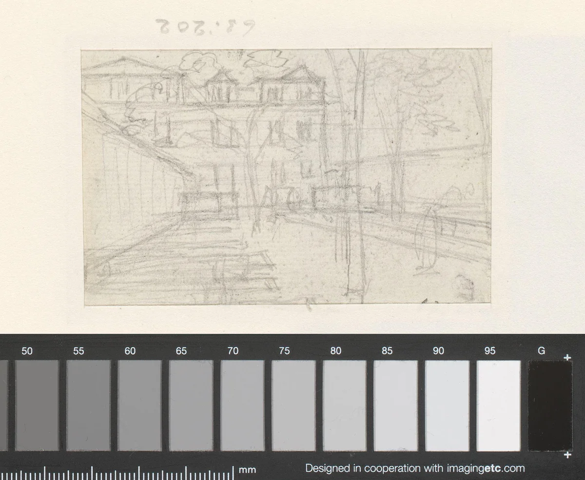 Achterkant van een huis met een tuin by Georges Michel, drawing, 1773-1843