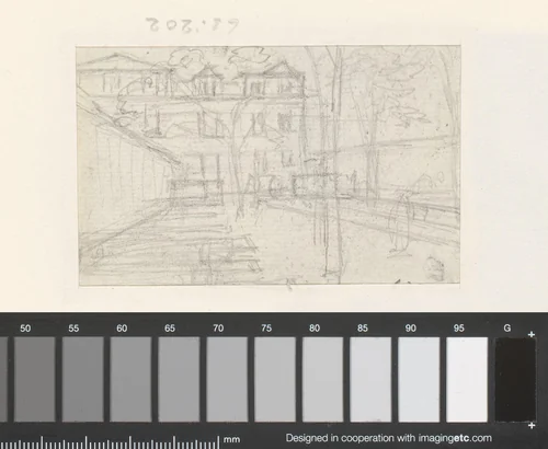 Achterkant van een huis met een tuin by Georges Michel, drawing, 1773-1843