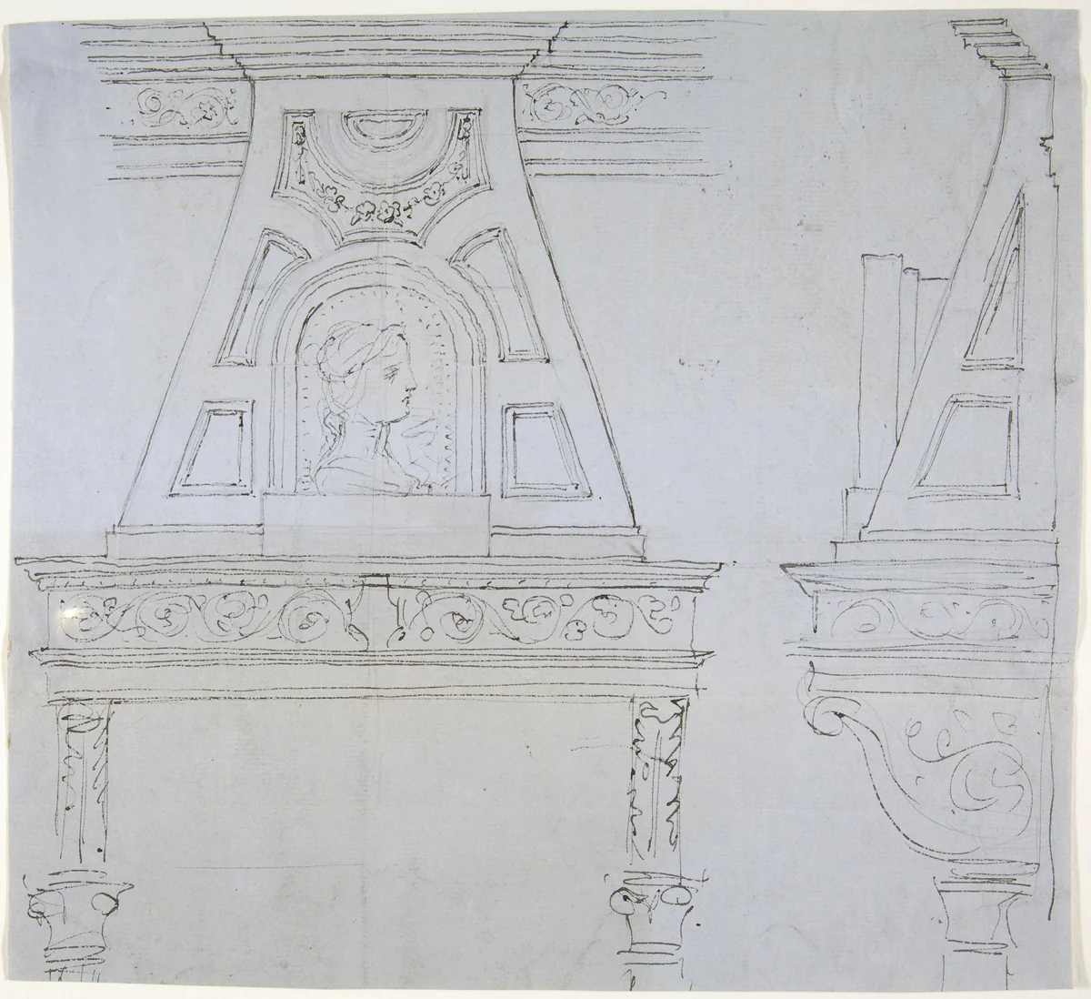 Mantelpiece Design with Mirror by anonymous, drawing, 1800-1900