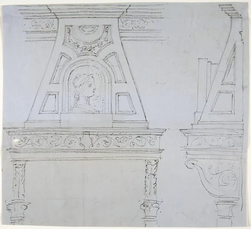 Mantelpiece Design with Mirror by anonymous, drawing, 1800-1900